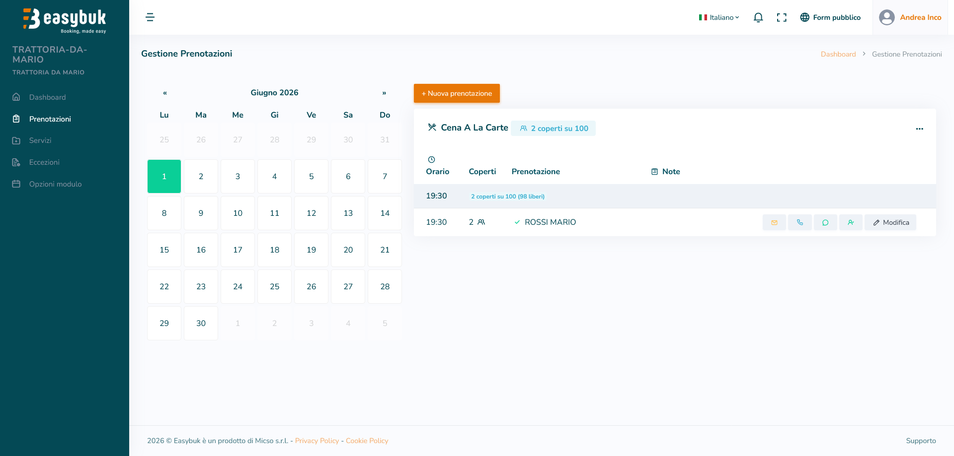 Vista calendario prenotazioni con le prenotazioni del giorno evidenziate