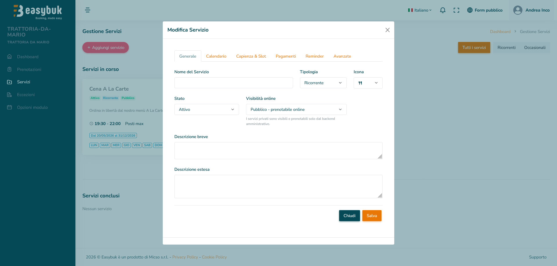 Schermata di configurazione servizio - scheda Generale