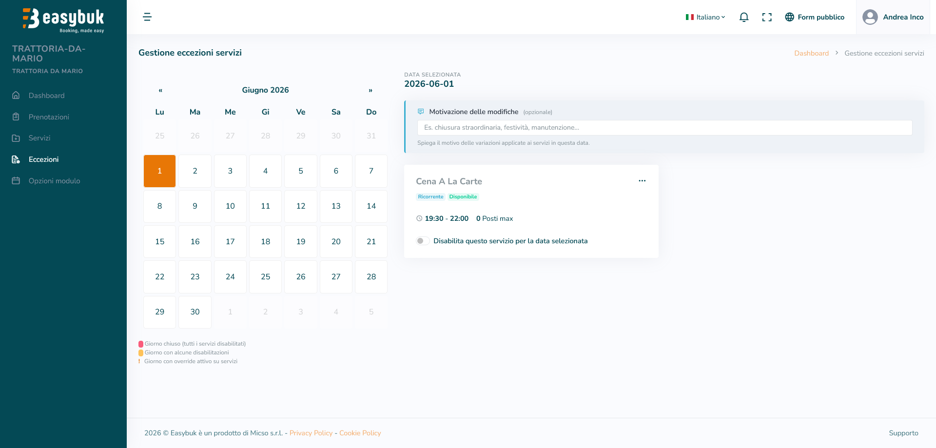 Schermata Gestione eccezioni con calendario e servizi del giorno