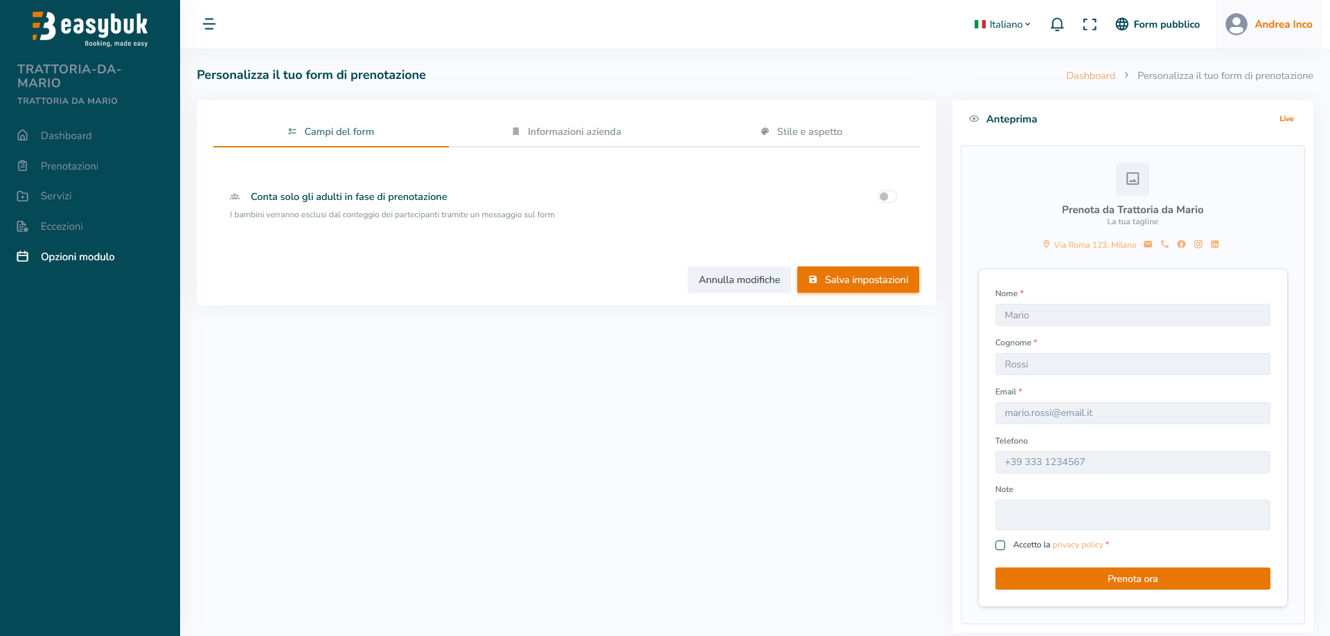 Anteprima del form di prenotazione pubblico